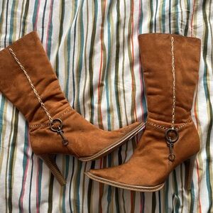 Brown Suede Heeled Boots with Chain Detail
